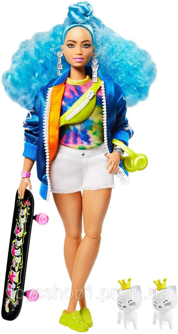 Лялька Барбі Екстра Модниця зі скейтбордом c синіми волоссям Barbie Doll Extra