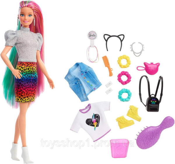 Лялька Барбі райдужний леопард Barbe Leopard GRN81 Rainbow Hair GRN81